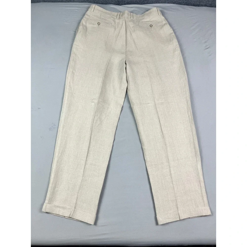 Turnbury Men Linen Pleated Dress Pants Trousers 37x31.5* Tan Cuffed Straight Leg